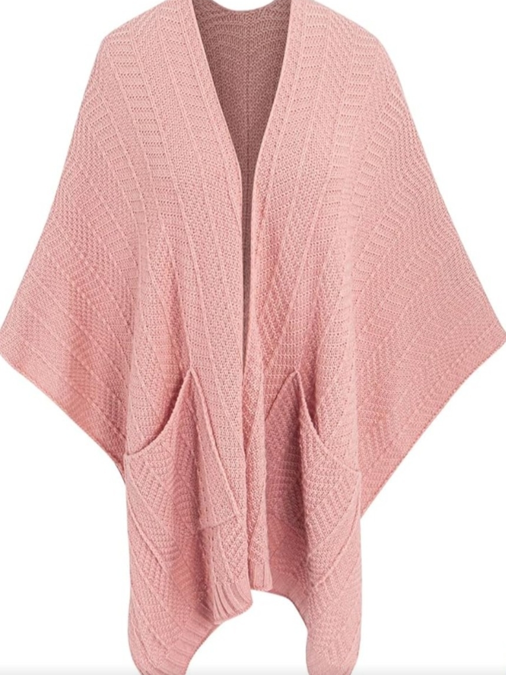 Open-Front Pink Cable-Knit Crochet Shawl Poncho with Pockets